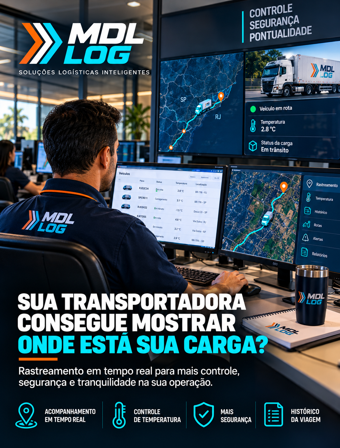 Profissional operando a central de controle online da MDL LOG em monitores com mapas e gráficos de logística refrigerada.